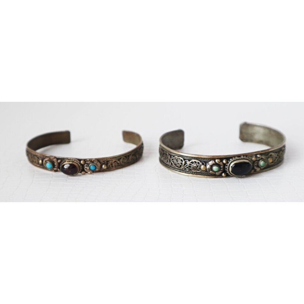 2 Vintage Tribal Silver Filigree Cuff Bracelets Black Onyx & Turquoise - Picture 6 of 6
